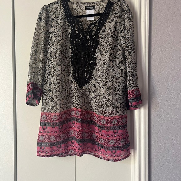 Ambria Selection Tunic Dress Bohemian Lace Trim Pink Print Size‎ 12 - Picture 1 of 5